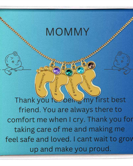  a 4 charm yellow gold baby feet birthstone necklace in a mahogany box2 tone box 4 gold charms