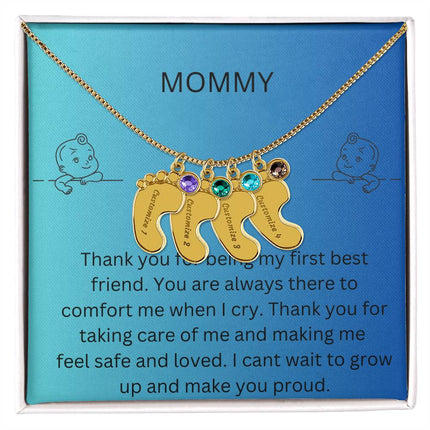 Engraved Baby Feet Charm with 4 yellow gold finish charms and two-tone box