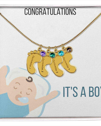 Engraved Baby Feet Charm Necklace with 4 yellow gold finish charm and two tone box