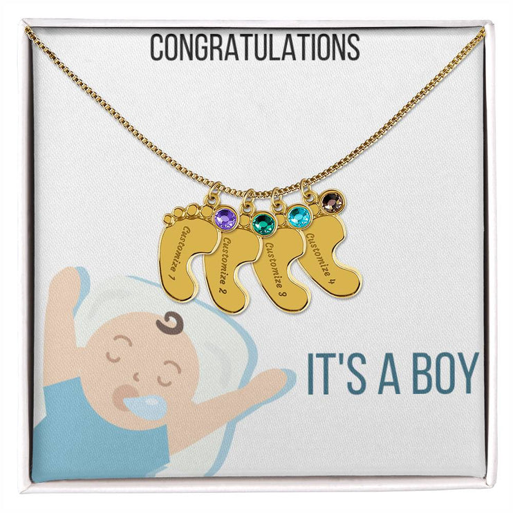 Engraved Baby Feet Charm Necklace with 4 yellow gold finish charm and two tone box