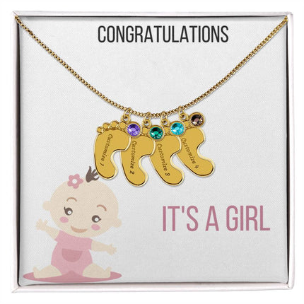 Engraved Baby Feet Charm Necklace with 4 yellow gold finish charm and two-tone box