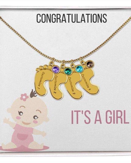 Engraved Baby Feet Charm Necklace with 4 yellow gold finish charm and two-tone box