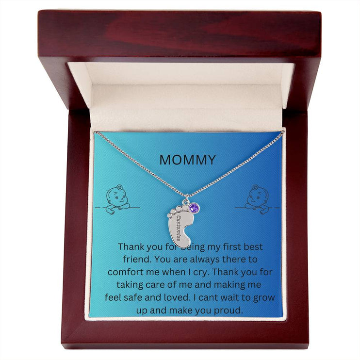 a 1 charm polished silver baby feet birthstone necklace in a mahogany box