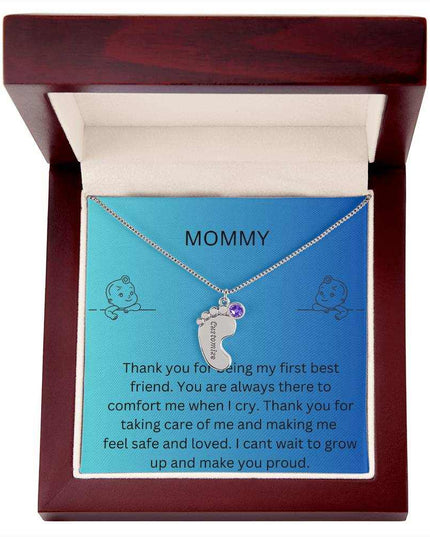 Engraved Baby Feet Charm with 1 stainless-steel finish charm and mahogany box