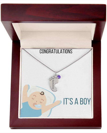 Engraved Baby Feet Charm Necklace with 1 yellow gold finish charm and mahogany box