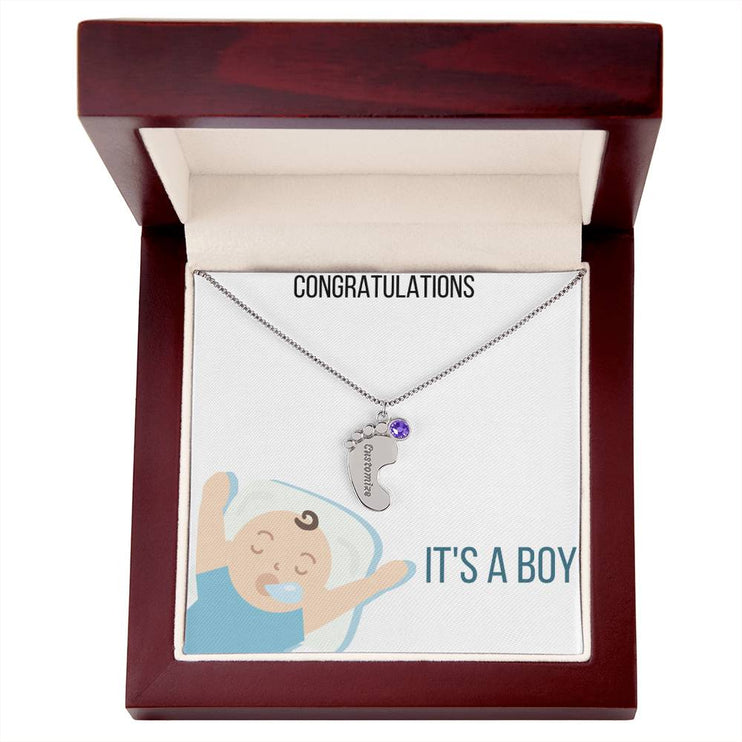 Engraved Baby Feet Charm Necklace with 1 yellow gold finish charm and mahogany box