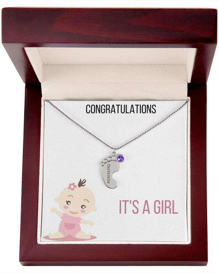 Engraved Baby Feet Charm Necklace with 1 polished stainless-steel charm and mahogany box