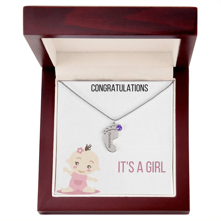 Engraved Baby Feet Charm Necklace with 1 polished stainless-steel charm and mahogany box