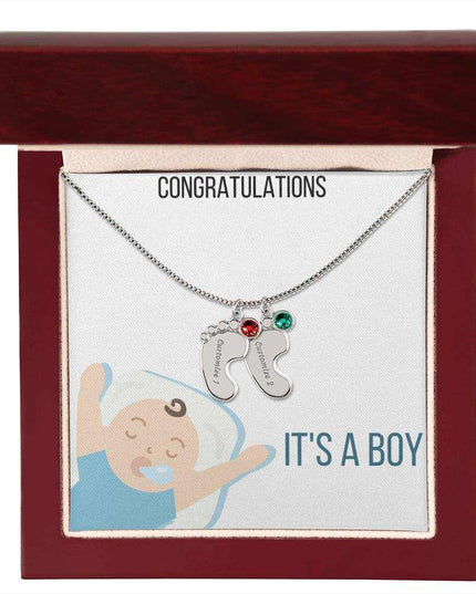 Engraved Baby Feet Charm Necklace with 2 polished stainless-steel charm and mahogany box