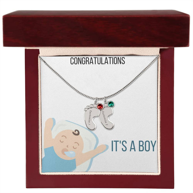Engraved Baby Feet Charm Necklace with 2 polished stainless-steel charm and mahogany box