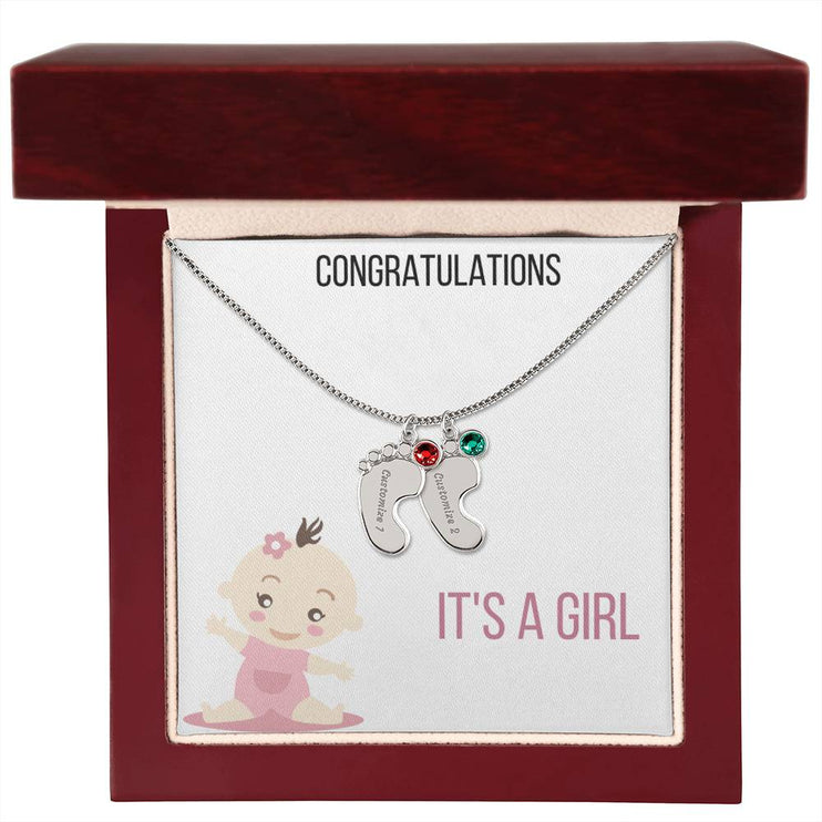 Engraved Baby Feet Charm Necklace with 1 polished stainless-steel charm and mahogany box