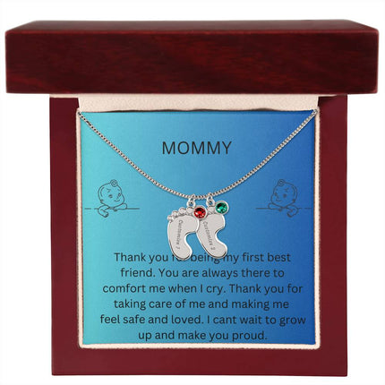 Engraved Baby Feet Charm with 2 polished stainless-steel finish charms and mahogany box