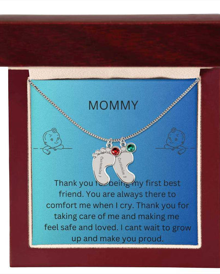 Engraved Baby Feet Charm with 2 polished stainless-steel finish charms and mahogany box