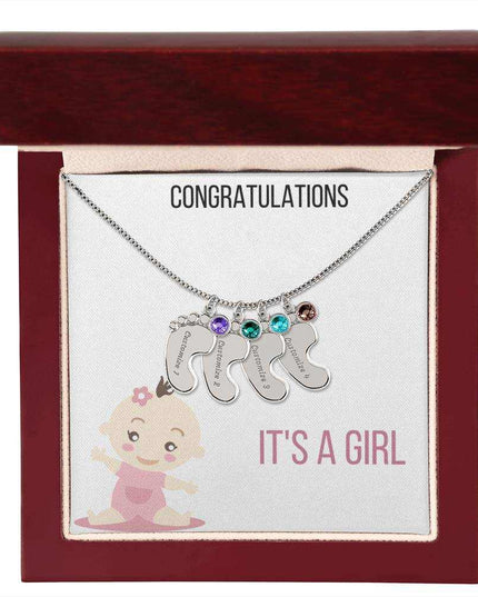 Engraved Baby Feet Charm Necklace with 4 stainless-steel charm and mahogany box