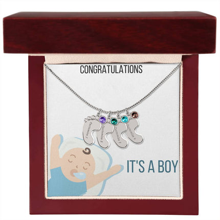 Engraved Baby Feet Charm Necklace with 4 polished stainless-steel charms and mahogany box