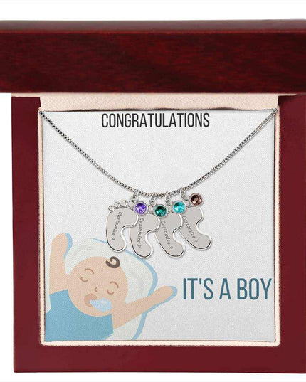Engraved Baby Feet Charm Necklace with 4 polished stainless-steel charms and mahogany box