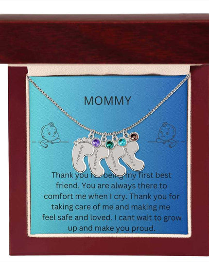 Engraved Baby Feet Charm with 4 polished stainless-steel charms and mahogany box