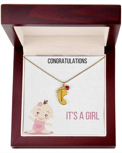 Engraved Baby Feet Charm Necklace with 1 yellow gold finish charm and mahogany box