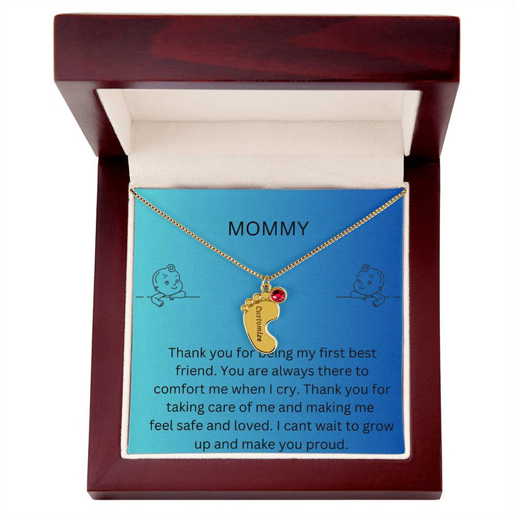 Engraved Baby Feet Charm with 1 yellow gold finish charms and mahogany box