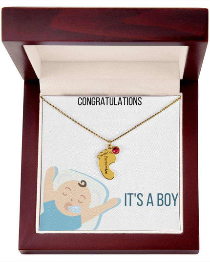 Engraved Baby Feet Charm Necklace with 1 yellow gold finish charm and mahogany box