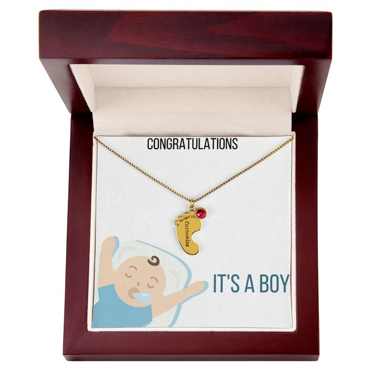 Engraved Baby Feet Charm Necklace with 1 yellow gold finish charm and mahogany box