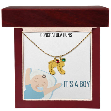 Engraved Baby Feet Charm Necklace with 2 yellow gold finish charm and mahogany box