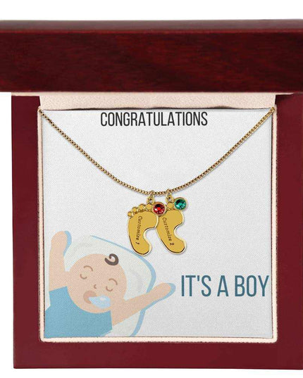 Engraved Baby Feet Charm Necklace with 2 yellow gold finish charm and mahogany box