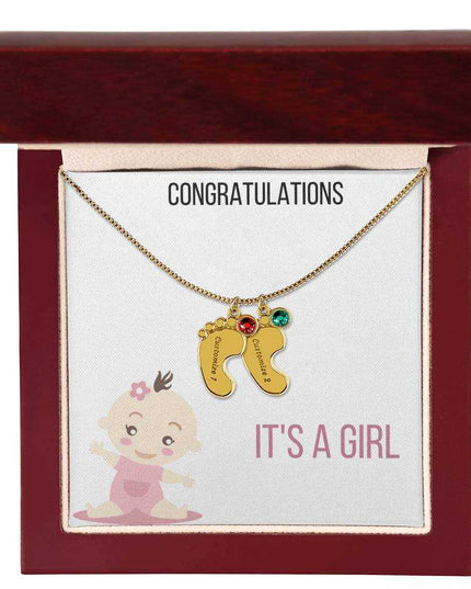 Engraved Baby Feet Charm Necklace with 2 yellow gold finish charm and mahogany box