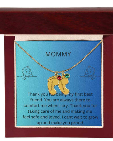 Engraved Baby Feet Charm with 2 yellow gold finish charms and mahogany box