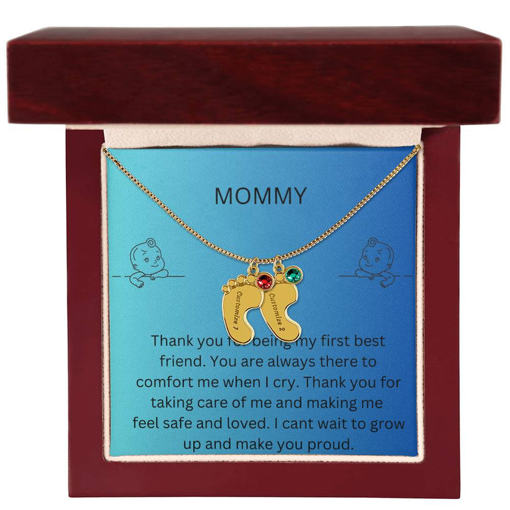 Engraved Baby Feet Charm with 2 yellow gold finish charms and mahogany box