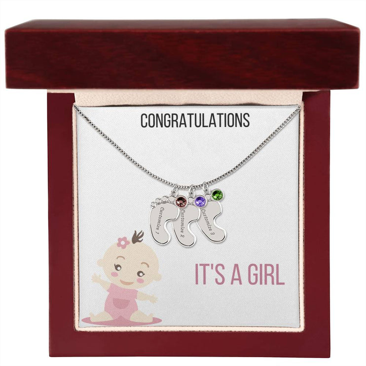 Engraved Baby Feet Charm Necklace with 3 polished stainless-steel charm and mahogany box