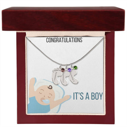 Engraved Baby Feet Charm Necklace with 3 polished stainless-steel charms and mahogany box