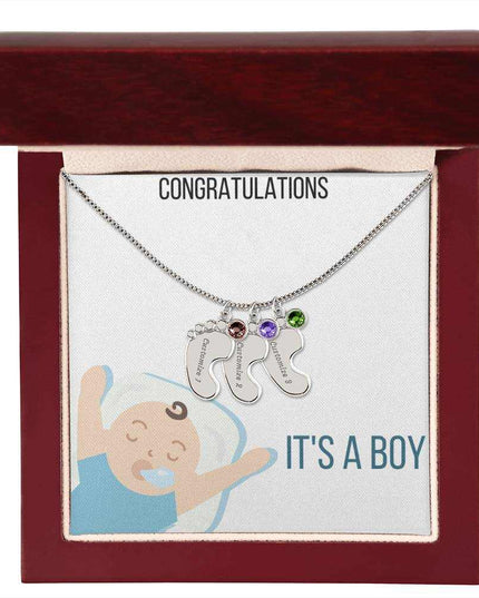 Engraved Baby Feet Charm Necklace with 3 polished stainless-steel charms and mahogany box