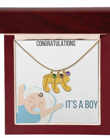 Engraved Baby Feet Charm Necklace with 3 yellow gold finish charm and mahogany box