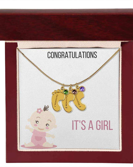 Engraved Baby Feet Charm Necklace with 3 yellow gold finish charm and mahogany box