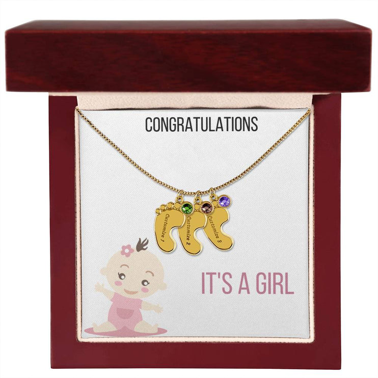 Engraved Baby Feet Charm Necklace with 3 yellow gold finish charm and mahogany box