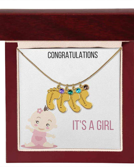 Engraved Baby Feet Charm Necklace with 4 yellow gold finish charm and mahogany box