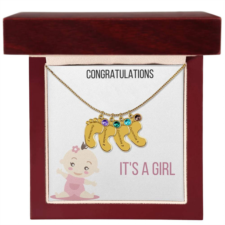 Engraved Baby Feet Charm Necklace with 4 yellow gold finish charm and mahogany box