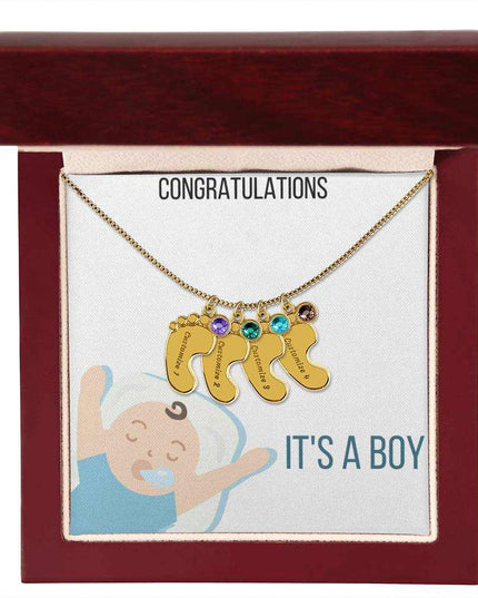 Engraved Baby Feet Charm Necklace with 4 yellow gold finish charm and mahogany box