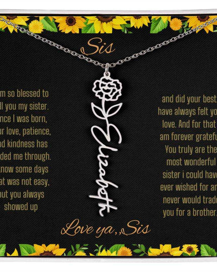 Birth Flower Name Necklace with a polished stainless-steel variant of a flower on a To Sis from Sis message card up close