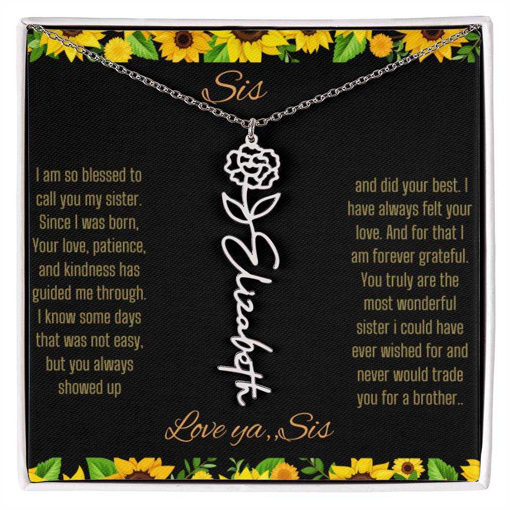 Birth Flower Name Necklace with a polished stainless-steel variant of a flower on a To Sis from Sis message card up close