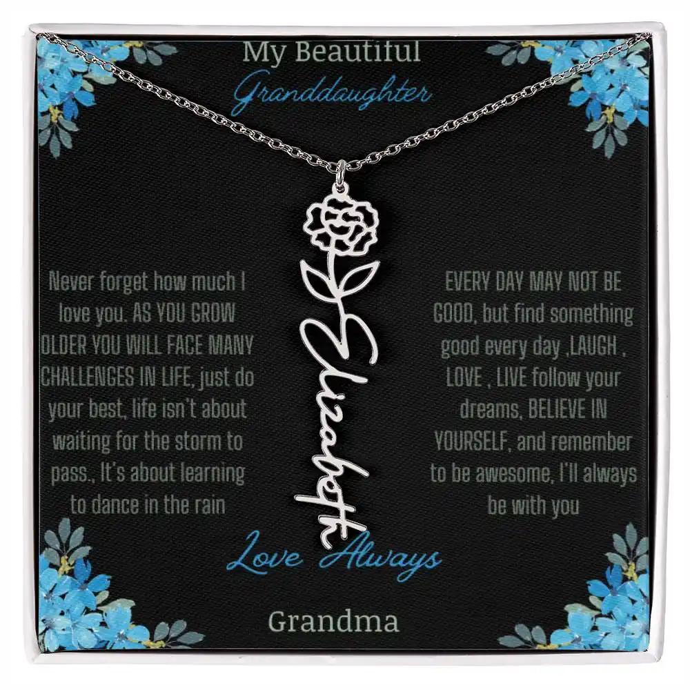 Birth Flower Name Necklace on a to granddaughter from grandma greeting card close up of a