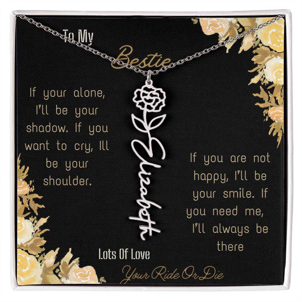 birth flower name necklace with greeting card to bestie in two tone box in polished stainless steel