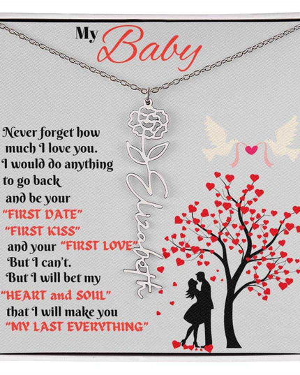 polished stainless-steel flower name necklace in soft box