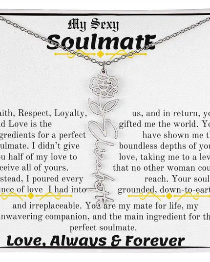a birth flower name necklace in polished stainless steel for January.