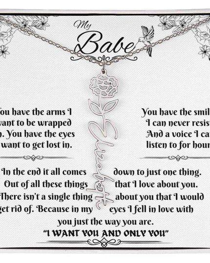 polished stainless-steel flower name necklace in soft box