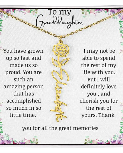 a yellow gold finish January birth flower name necklace.