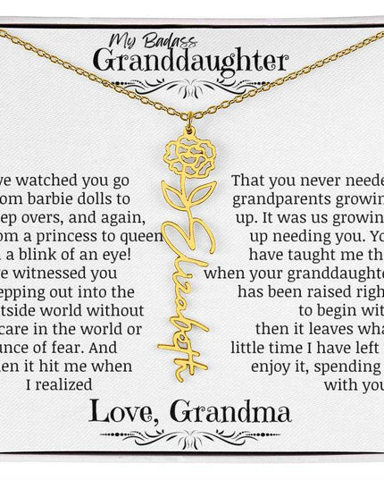 a yellow gold flower name necklace for January.
