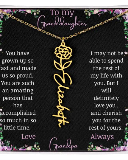 Birth Flower Name Necklace with a to granddaughter from grandpa greeting card and a flower charm.