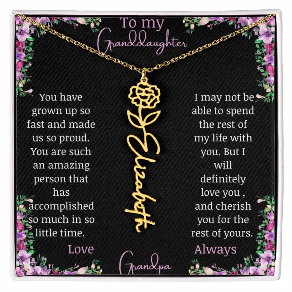 Birth Flower Name Necklace with a to granddaughter from grandpa greeting card and a flower charm.